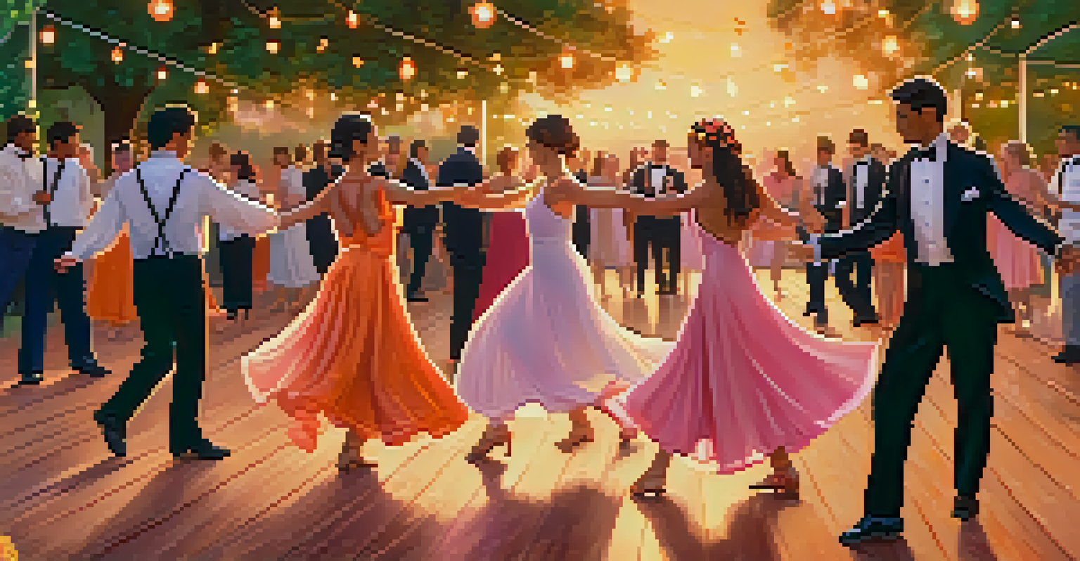 Couples of different ages dancing gracefully at an outdoor ballroom dance event in a park during sunset, surrounded by greenery and fairy lights.