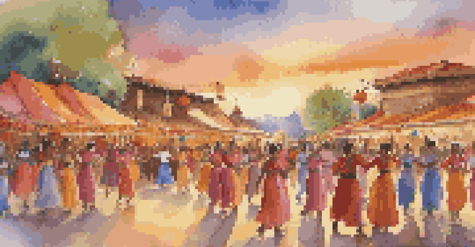 An outdoor festival with people in vibrant costumes engaged in traditional dance, celebrating under a sunset.