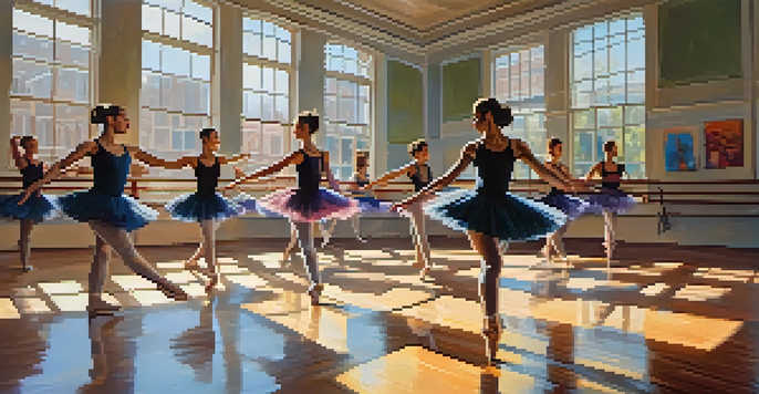 A bright dance studio with a group of diverse dancers practicing different styles, with sunlight streaming through large windows.