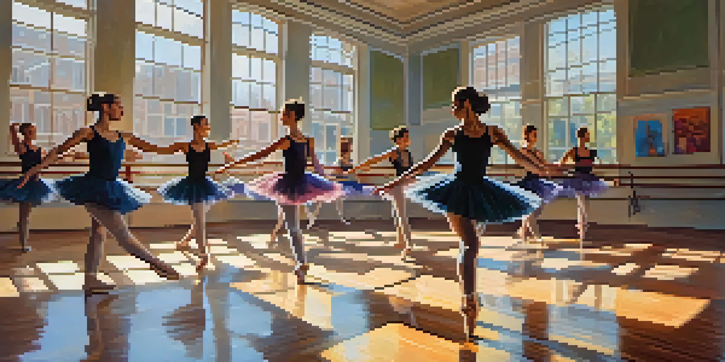 A bright dance studio with a group of diverse dancers practicing different styles, with sunlight streaming through large windows.