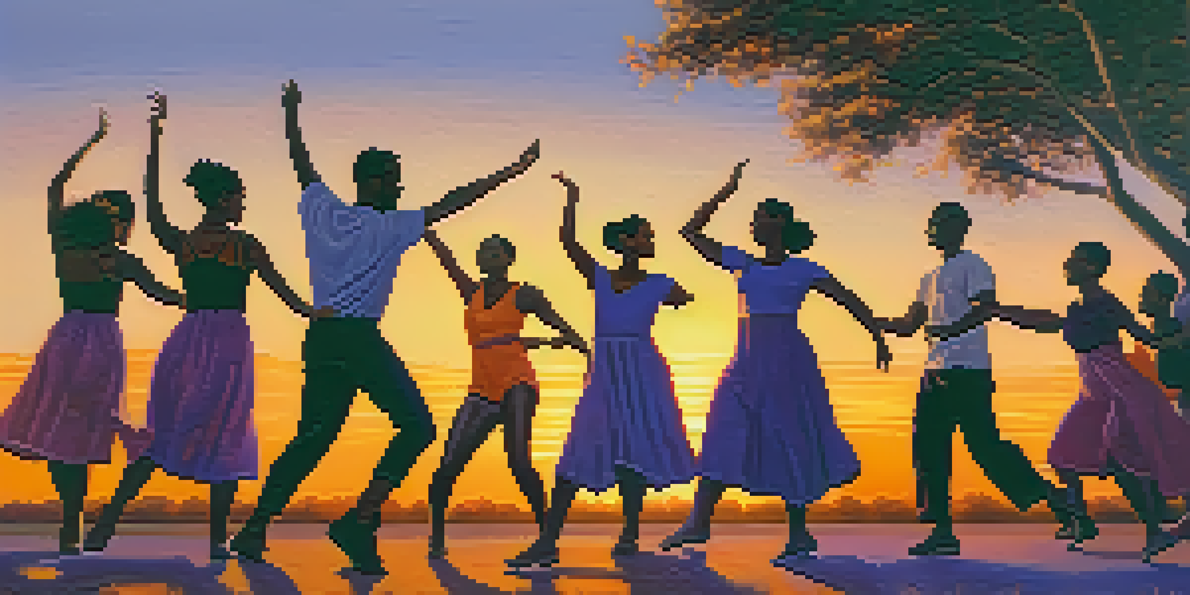 A diverse group of dancers performing outdoors at sunset, with vibrant colors in the sky and expressions of joy.