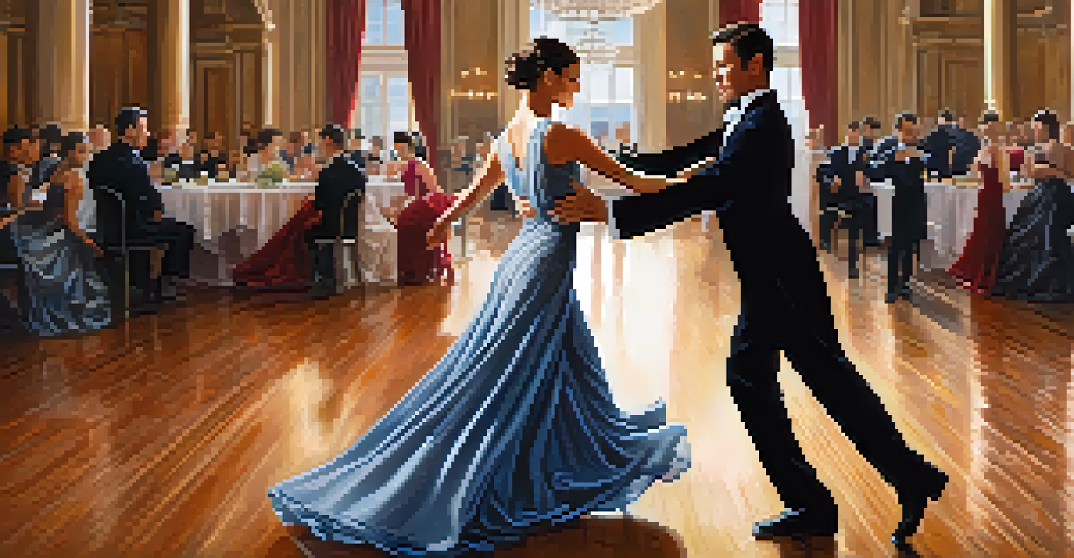A couple dancing elegantly in a beautifully lit ballroom, showcasing their intricate costumes and graceful movements.