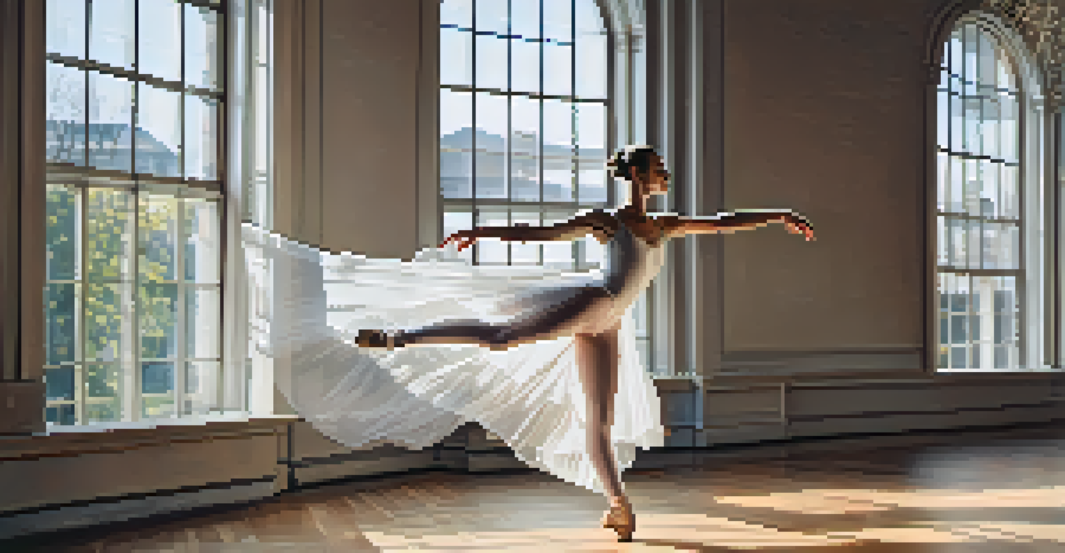 A ballet dancer in an eco-friendly costume performing a pirouette in a sunlit studio.