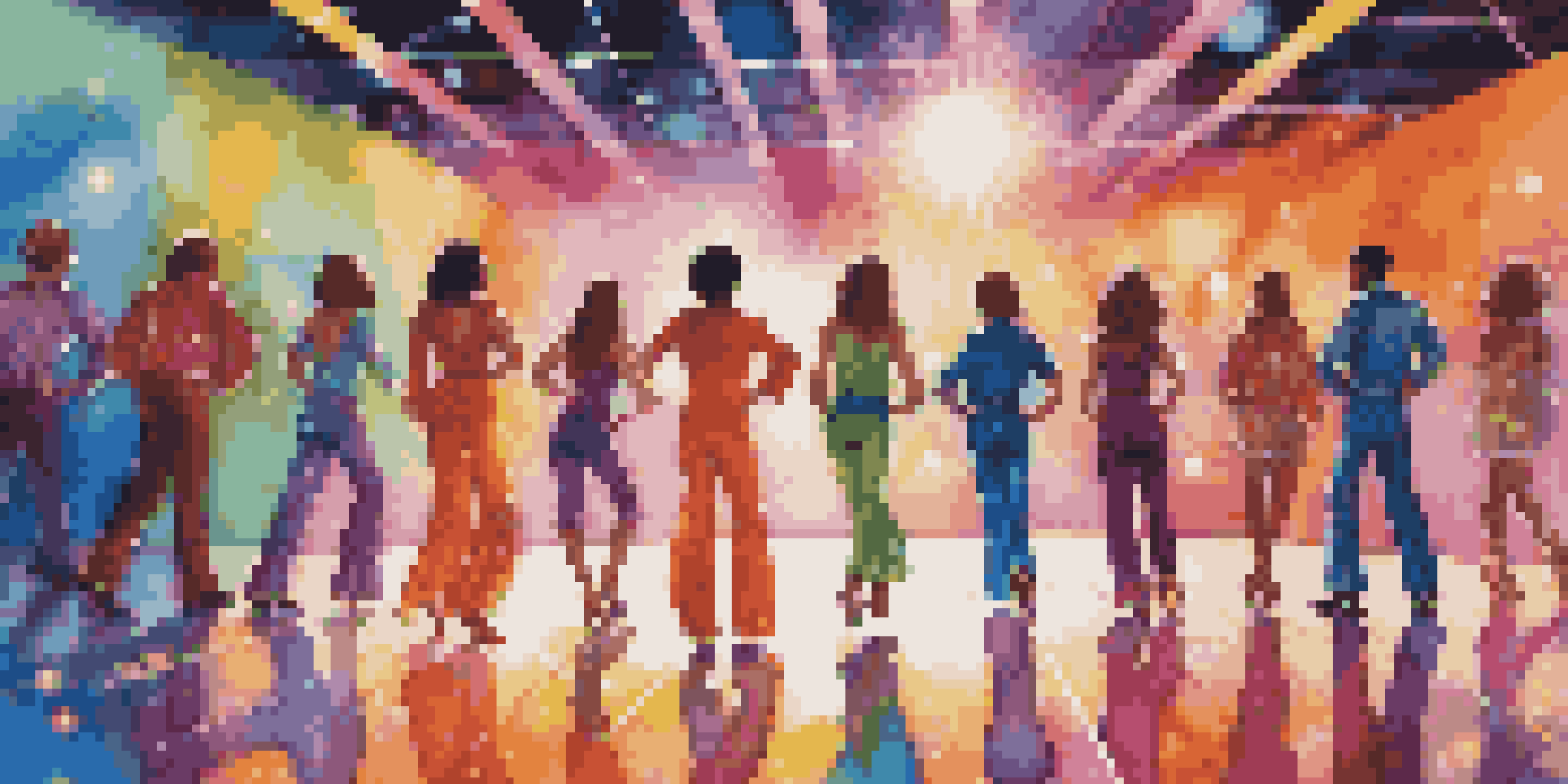 A lively disco dance floor with dancers in colorful, sparkly outfits and a large disco ball reflecting light.