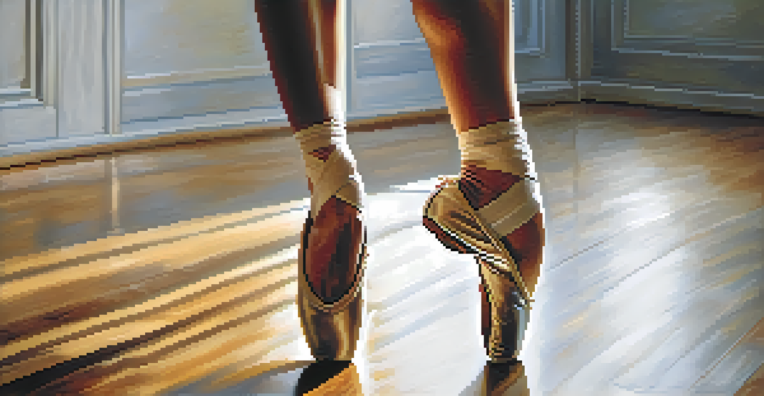 Close-up of a dancer's feet in ballet shoes on a polished wooden floor, showcasing technique and precision.