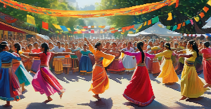 A lively outdoor dance festival with dancers in traditional attire, colorful decorations, and a joyful crowd under sunlight.