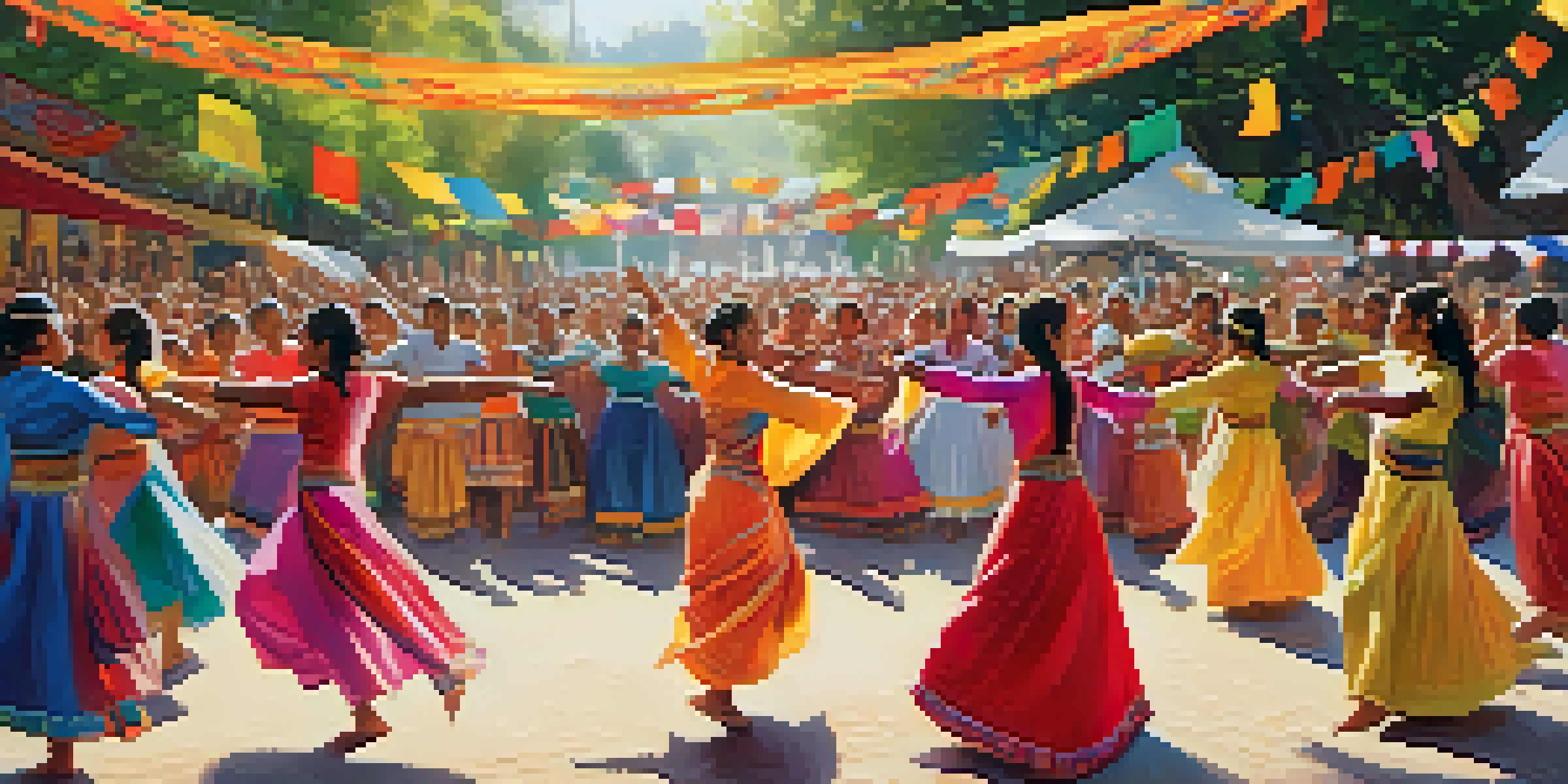 A lively outdoor dance festival with dancers in traditional attire, colorful decorations, and a joyful crowd under sunlight.