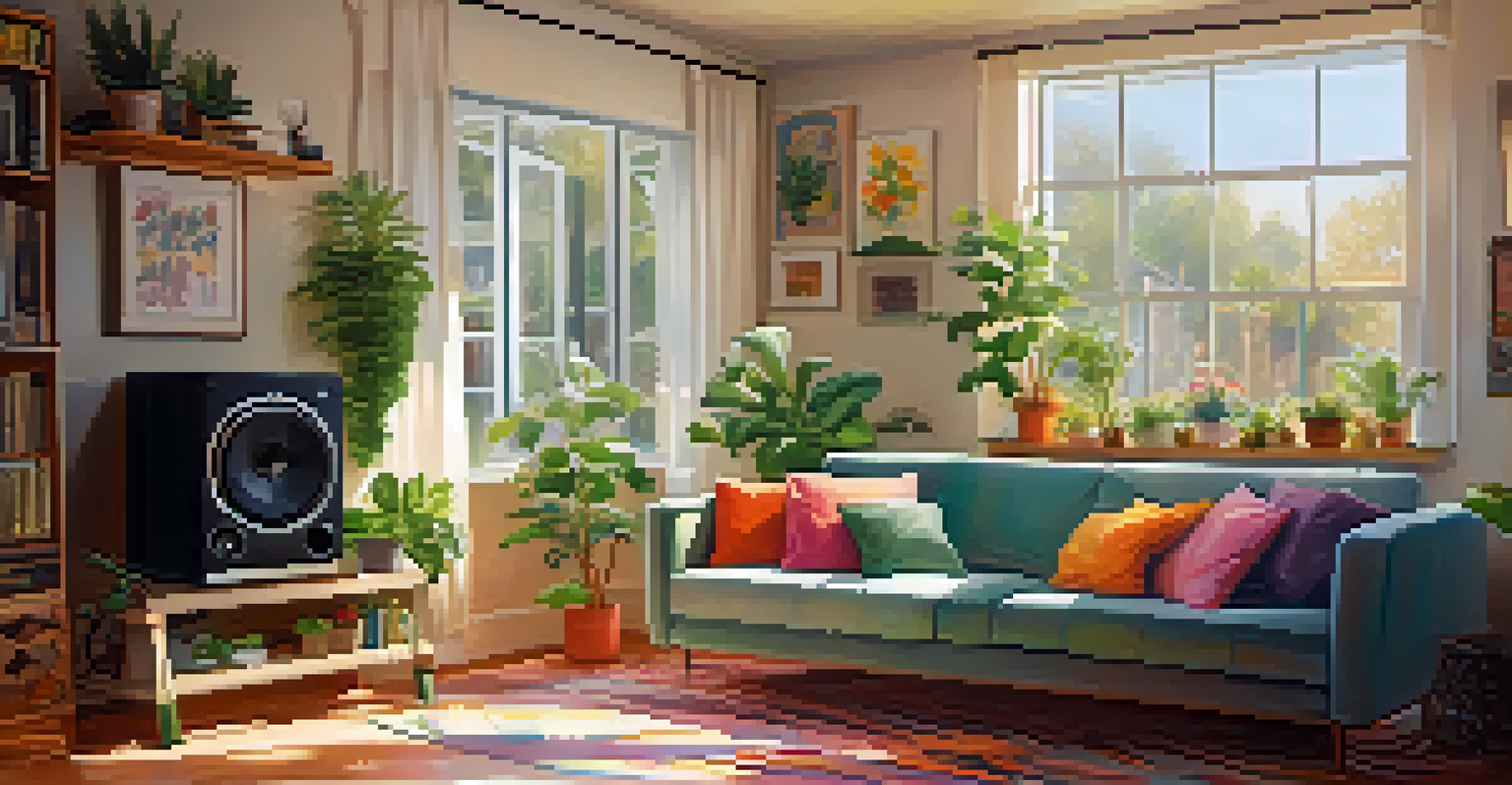 A person dancing joyfully in a cozy living room filled with plants and colorful decor, with sunlight streaming in.