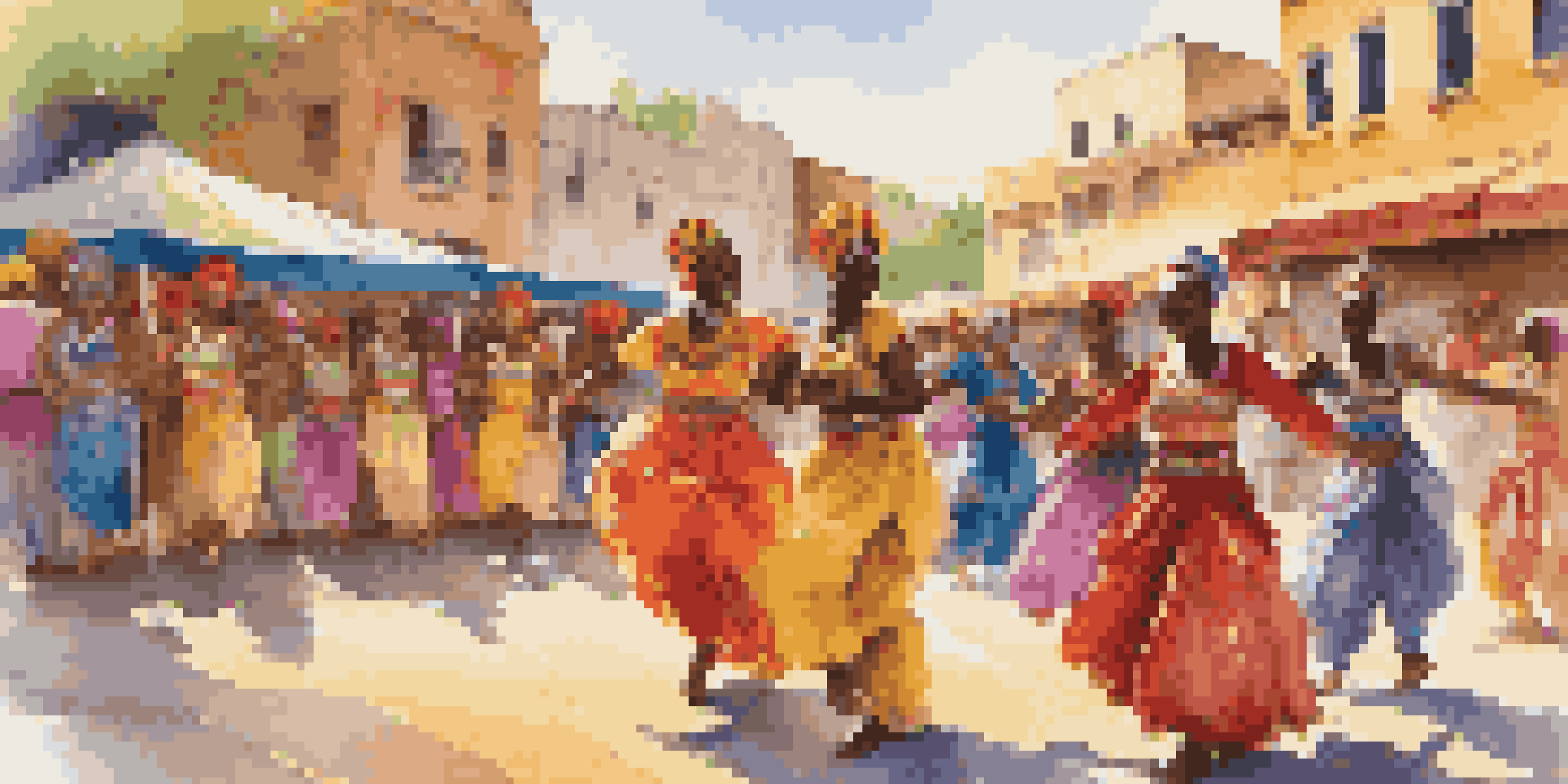 A lively outdoor festival featuring dancers in colorful traditional costumes from different cultures performing together, surrounded by a cheering crowd and bright decorations.