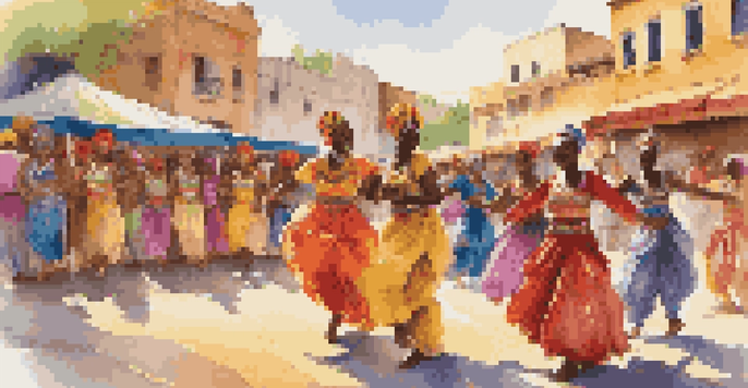 A lively outdoor festival featuring dancers in colorful traditional costumes from different cultures performing together, surrounded by a cheering crowd and bright decorations.