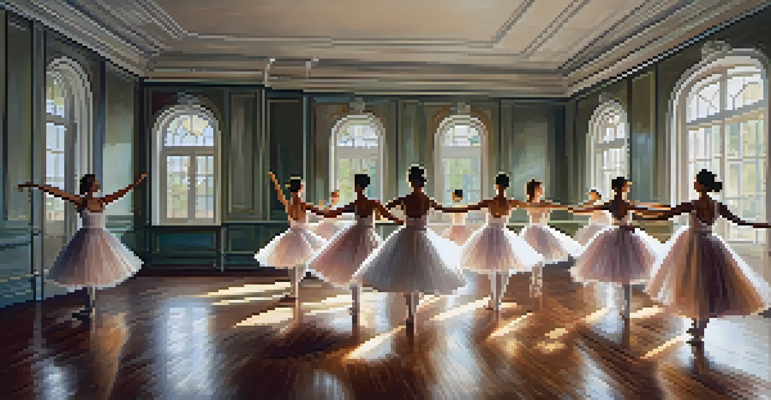 A dance studio with mirrors and dancers practicing, illuminated by soft natural light, showcasing elegance and grace.