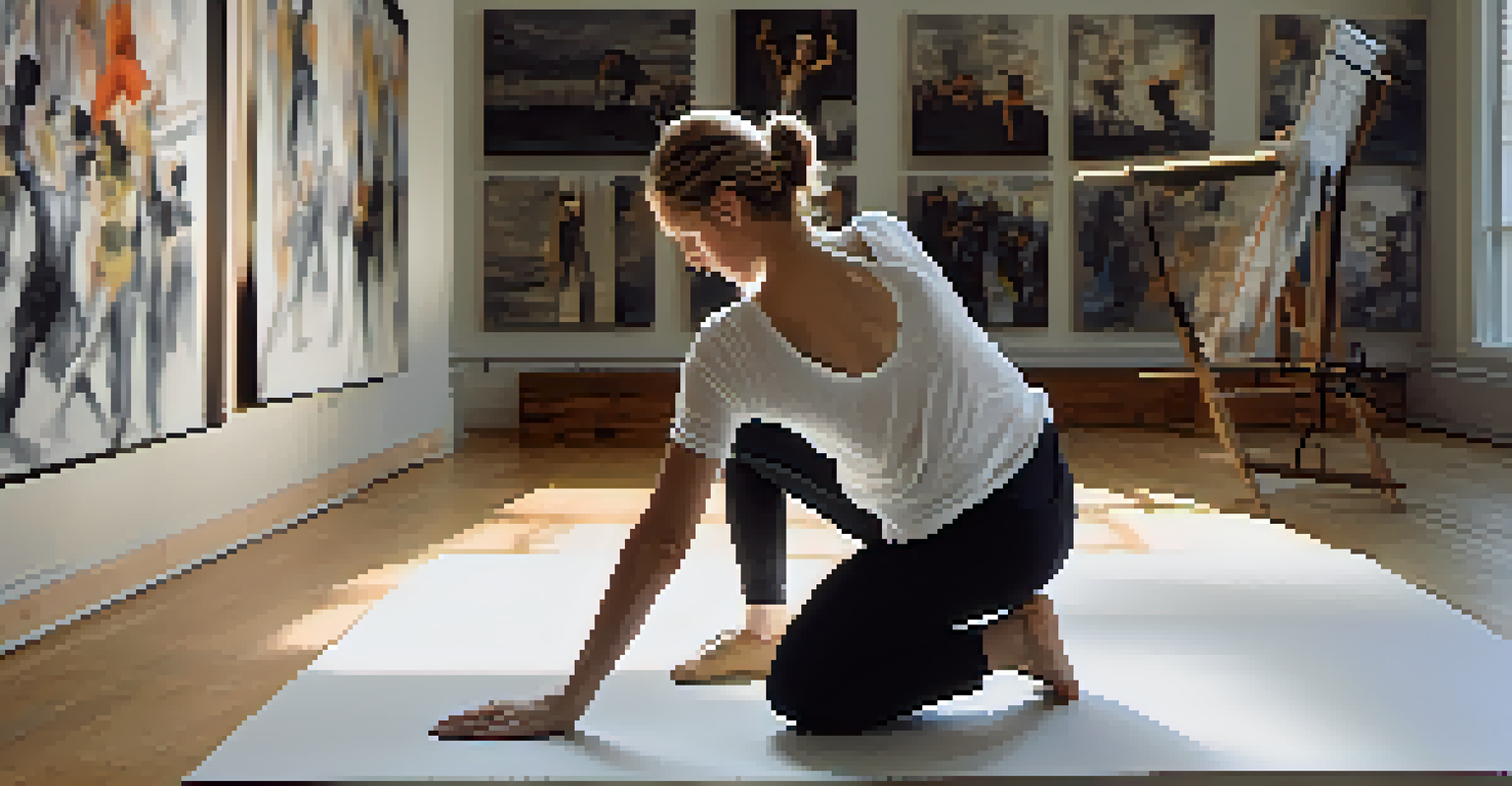 A choreographer sketching dance movements on a canvas in a sunlit studio with art pieces on the walls.