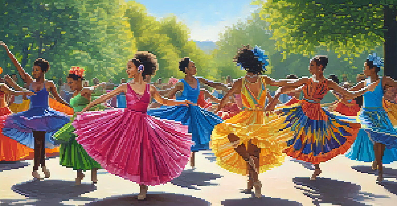 A group of diverse dancers performing in a sunlit park, dressed in vibrant costumes, showcasing cultural influences and expressive movements.