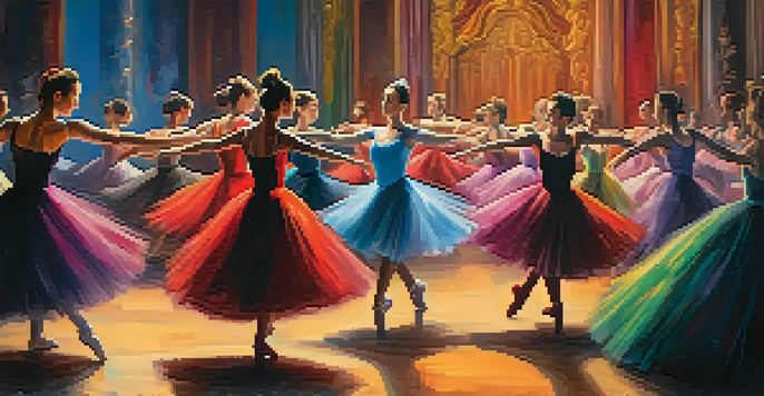 A ballet performance on stage with dancers in colorful costumes, illuminated by soft spotlights against a vibrant background.