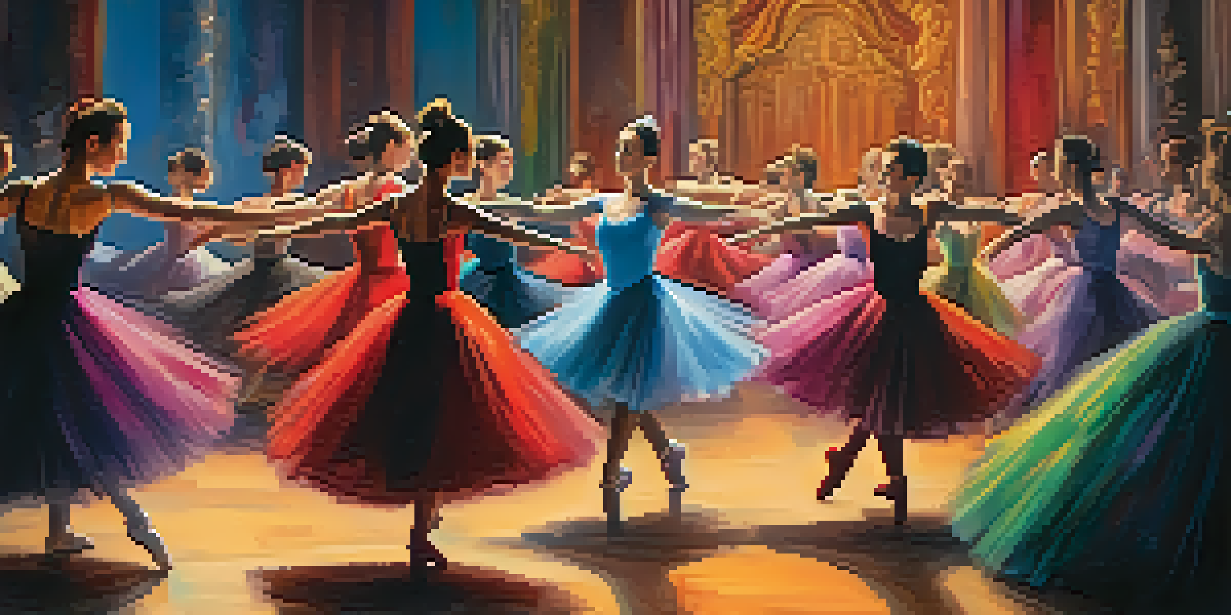 A ballet performance on stage with dancers in colorful costumes, illuminated by soft spotlights against a vibrant background.