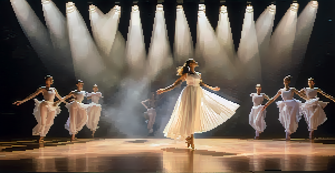 A dancer in a white costume leaps across a stage, surrounded by colorful LED projections and soft spotlighting, with an audience in the background.