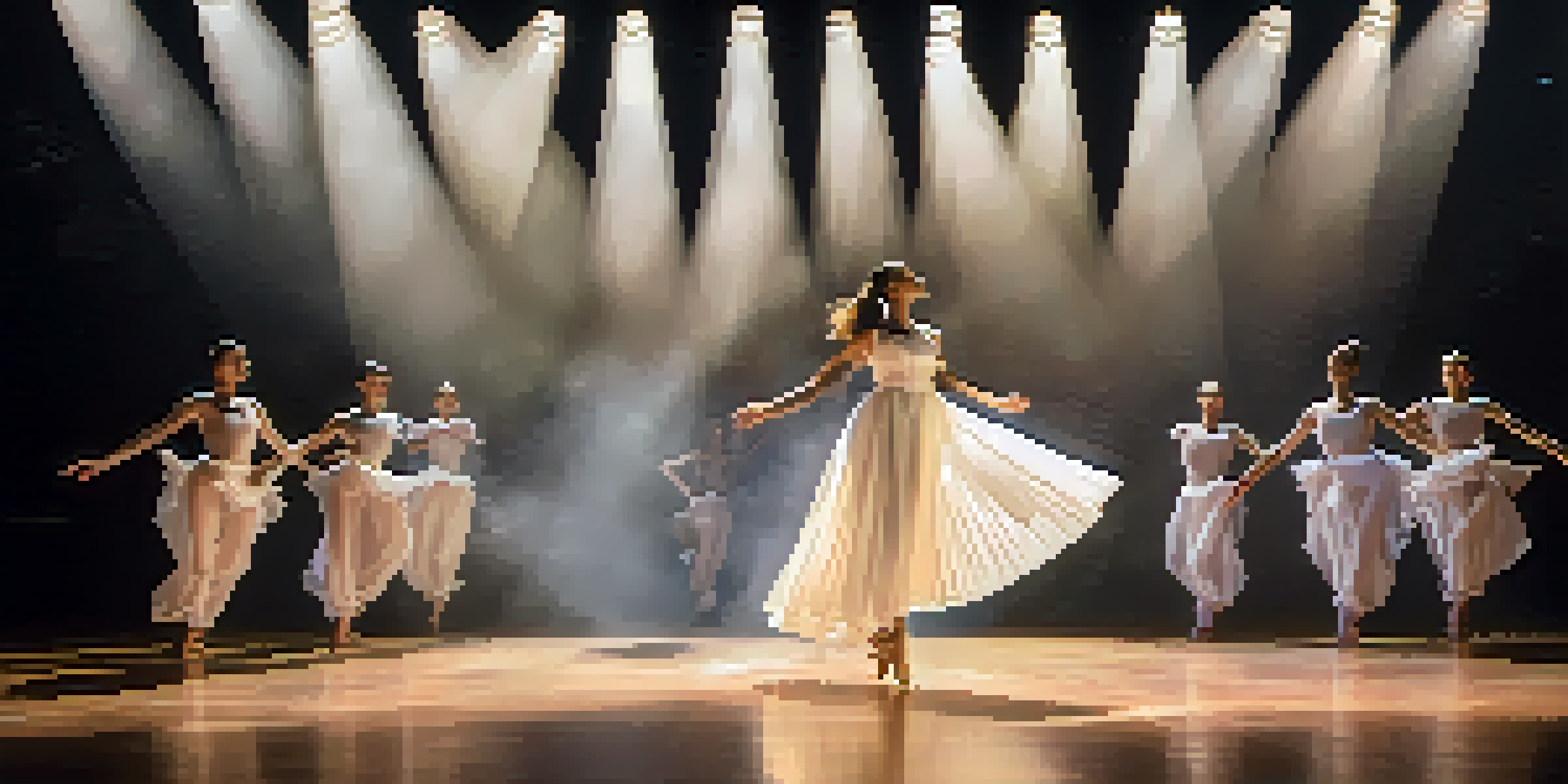 A dancer in a white costume leaps across a stage, surrounded by colorful LED projections and soft spotlighting, with an audience in the background.