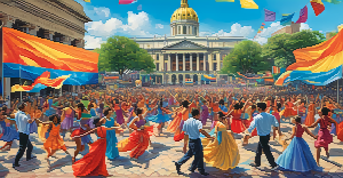 A lively public square with diverse dancers in colorful costumes performing for an audience, surrounded by banners promoting social messages.