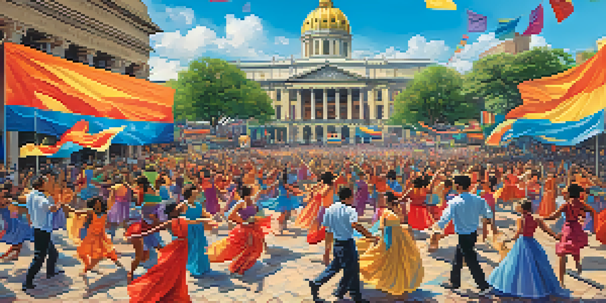 A lively public square with diverse dancers in colorful costumes performing for an audience, surrounded by banners promoting social messages.