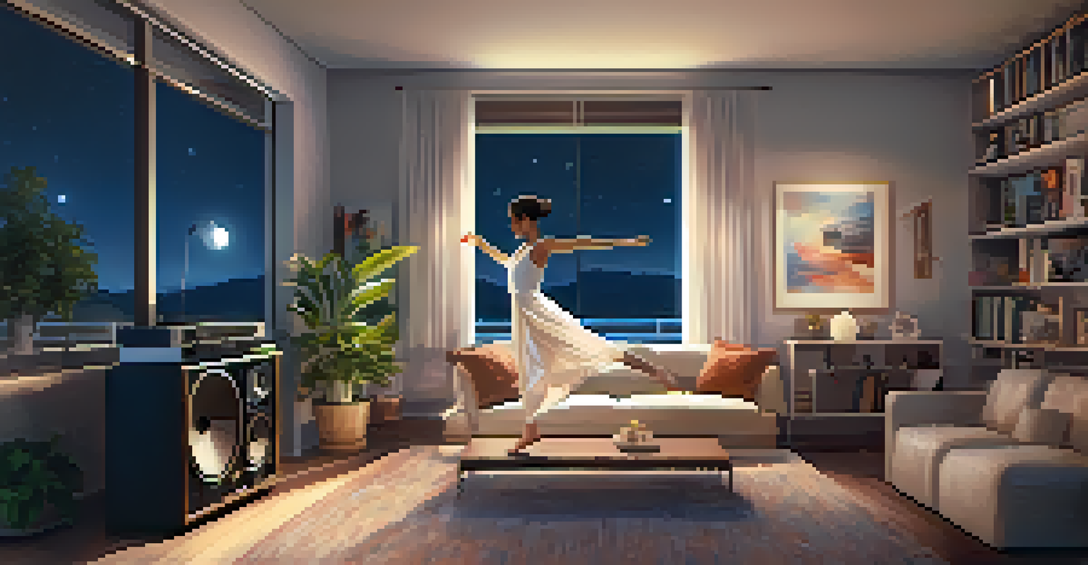 An individual dancing alone in a cozy living room, illuminated by soft lighting, with a record player and a view of the night sky.