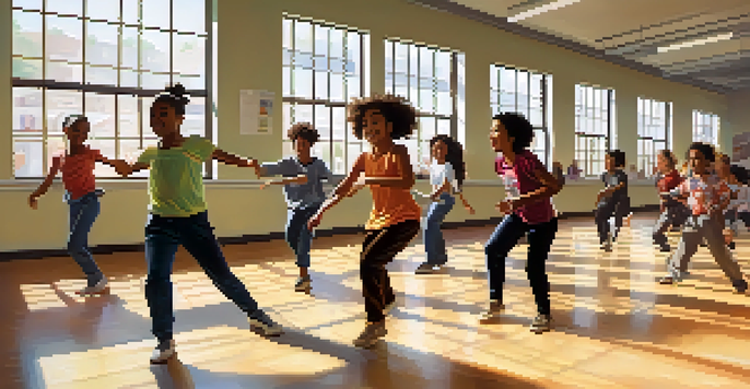 A lively classroom with students of different backgrounds participating in a dance activity, showcasing teamwork and cultural diversity.