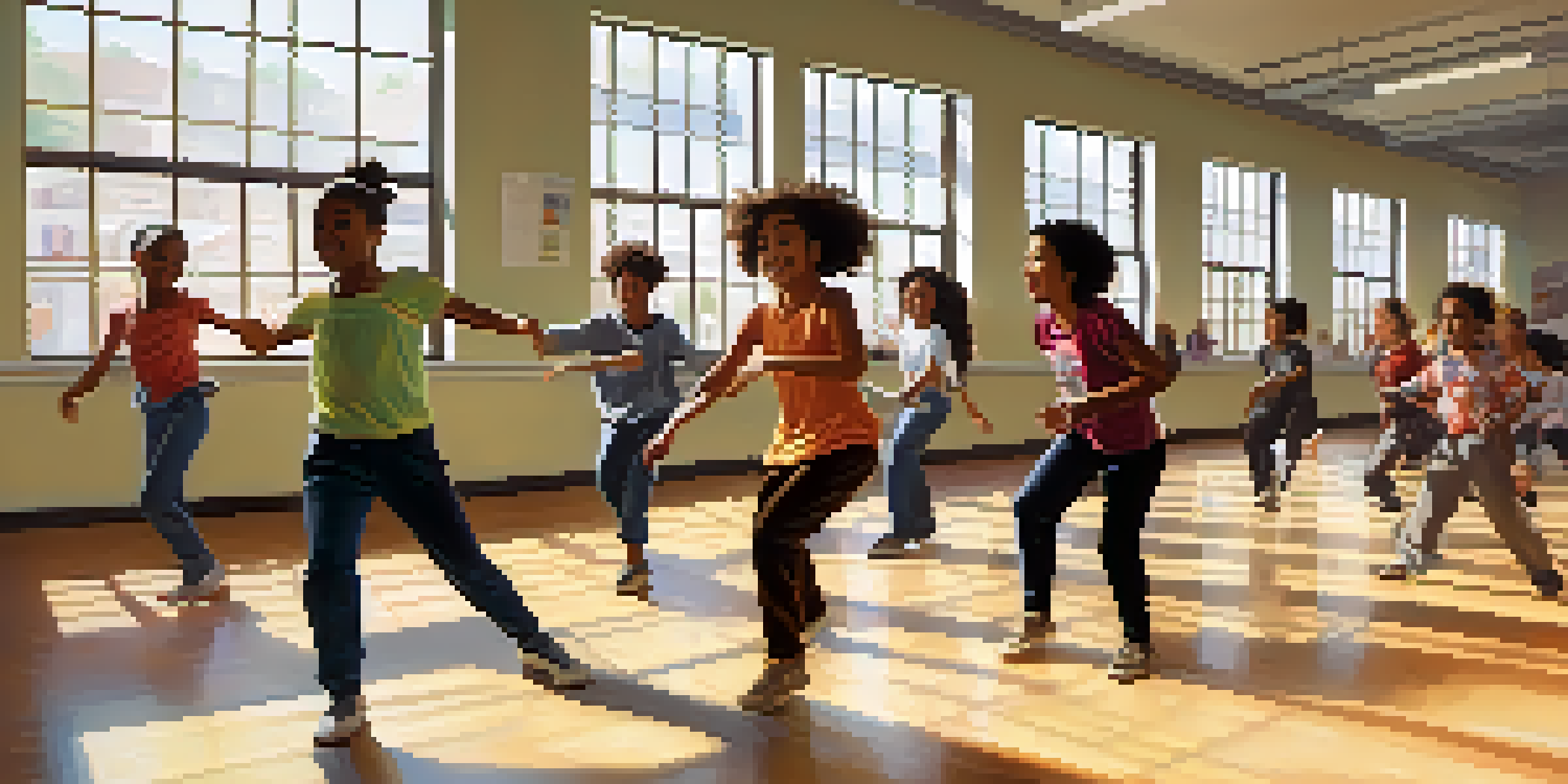 A lively classroom with students of different backgrounds participating in a dance activity, showcasing teamwork and cultural diversity.