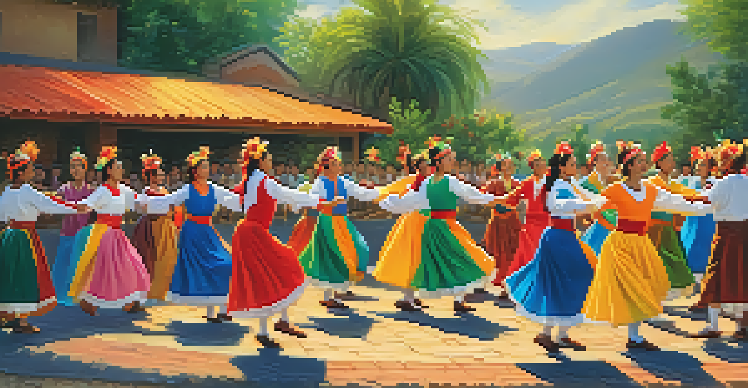 Dancers in colorful costumes performing traditional folk dance outdoors, with a festive atmosphere and bright natural light.