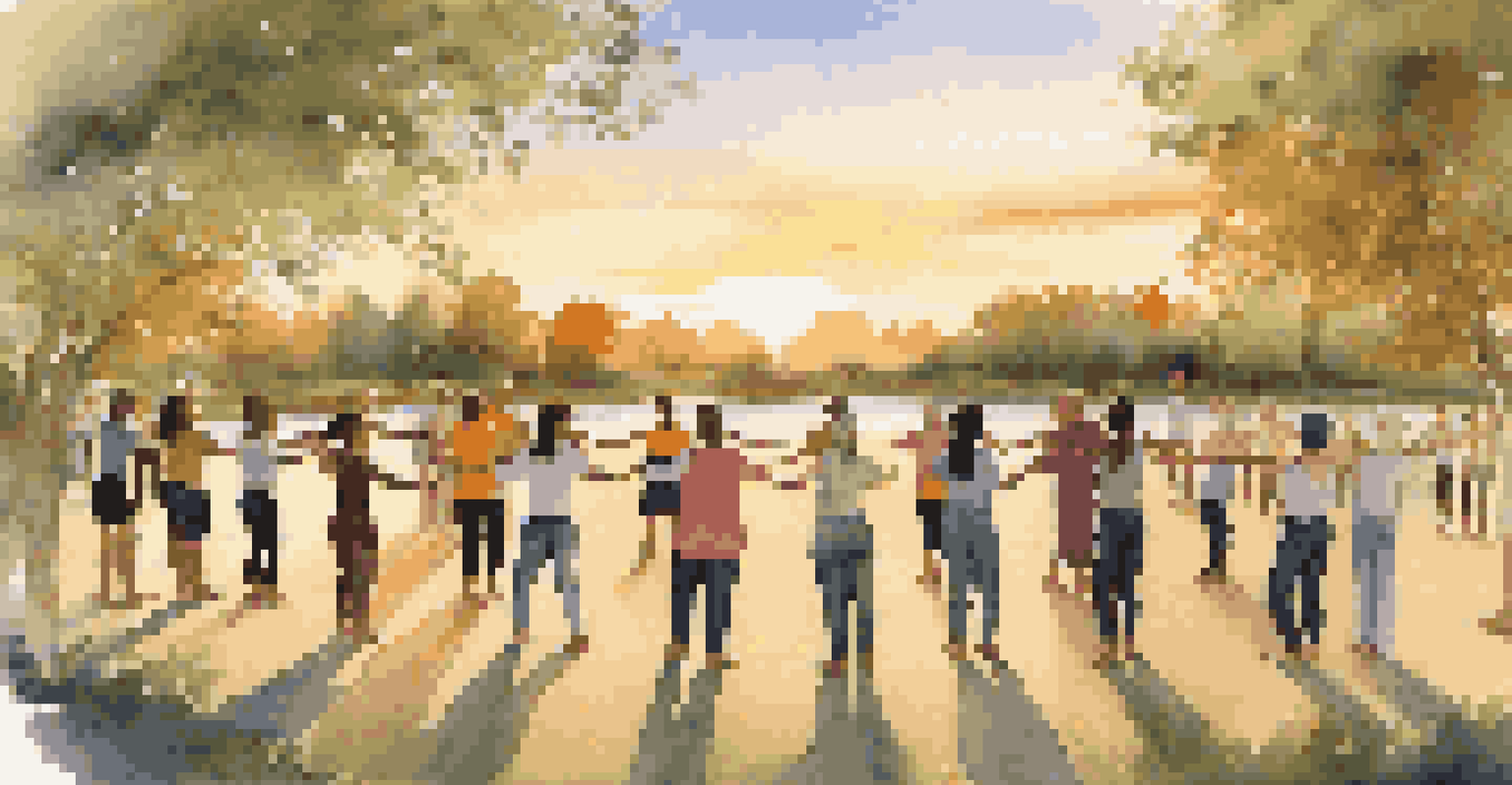 Dancers of various ages gather in a circle during a sunset outdoor workshop, practicing mindfulness exercises with a warm golden glow around them.