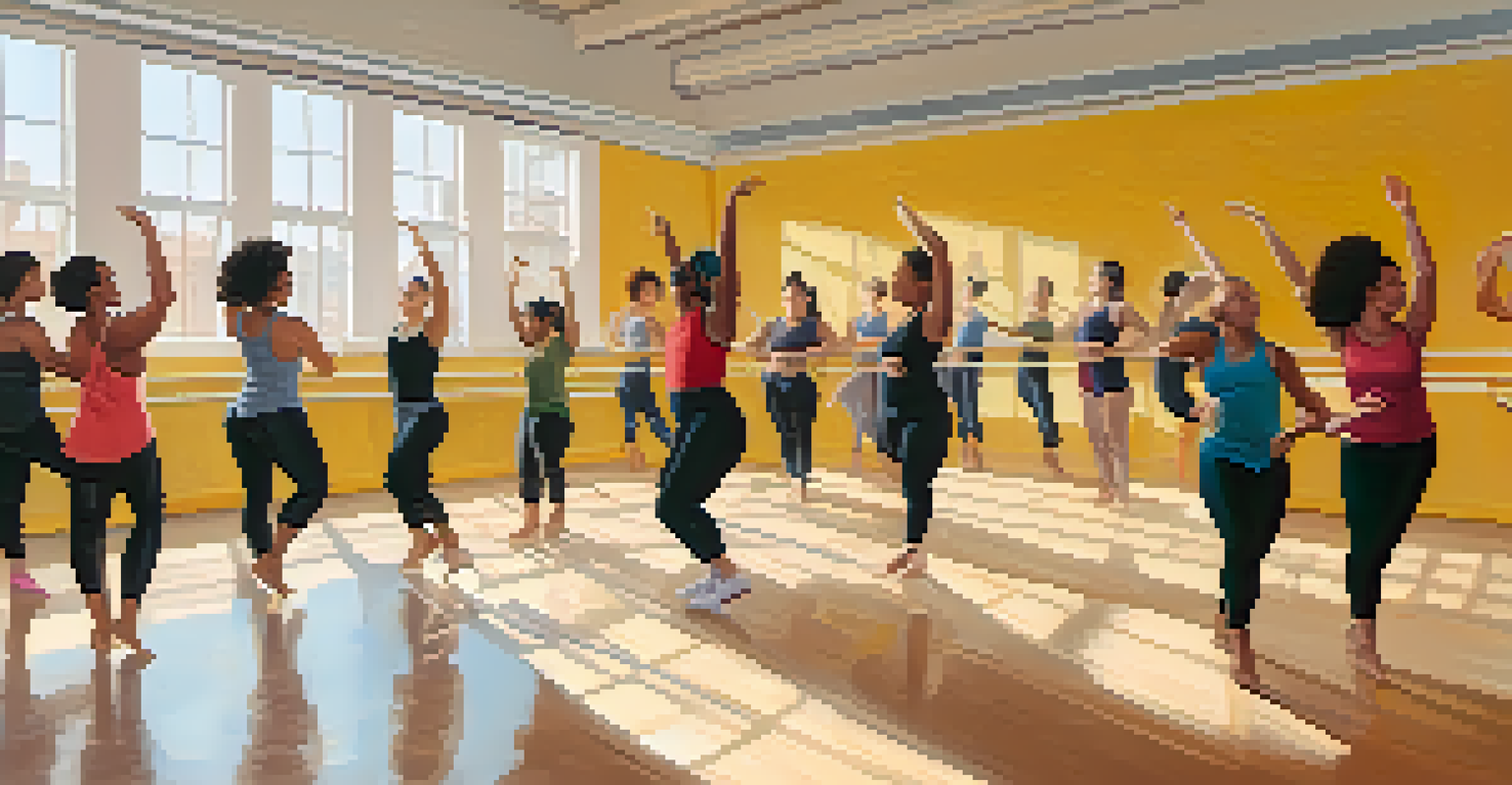 A diverse group of students practicing dance in a bright studio, with mirrors reflecting their movements and an encouraging instructor leading the class.