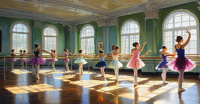 Seniors practicing ballet in a bright dance studio, showcasing their flexibility during a stretching routine.