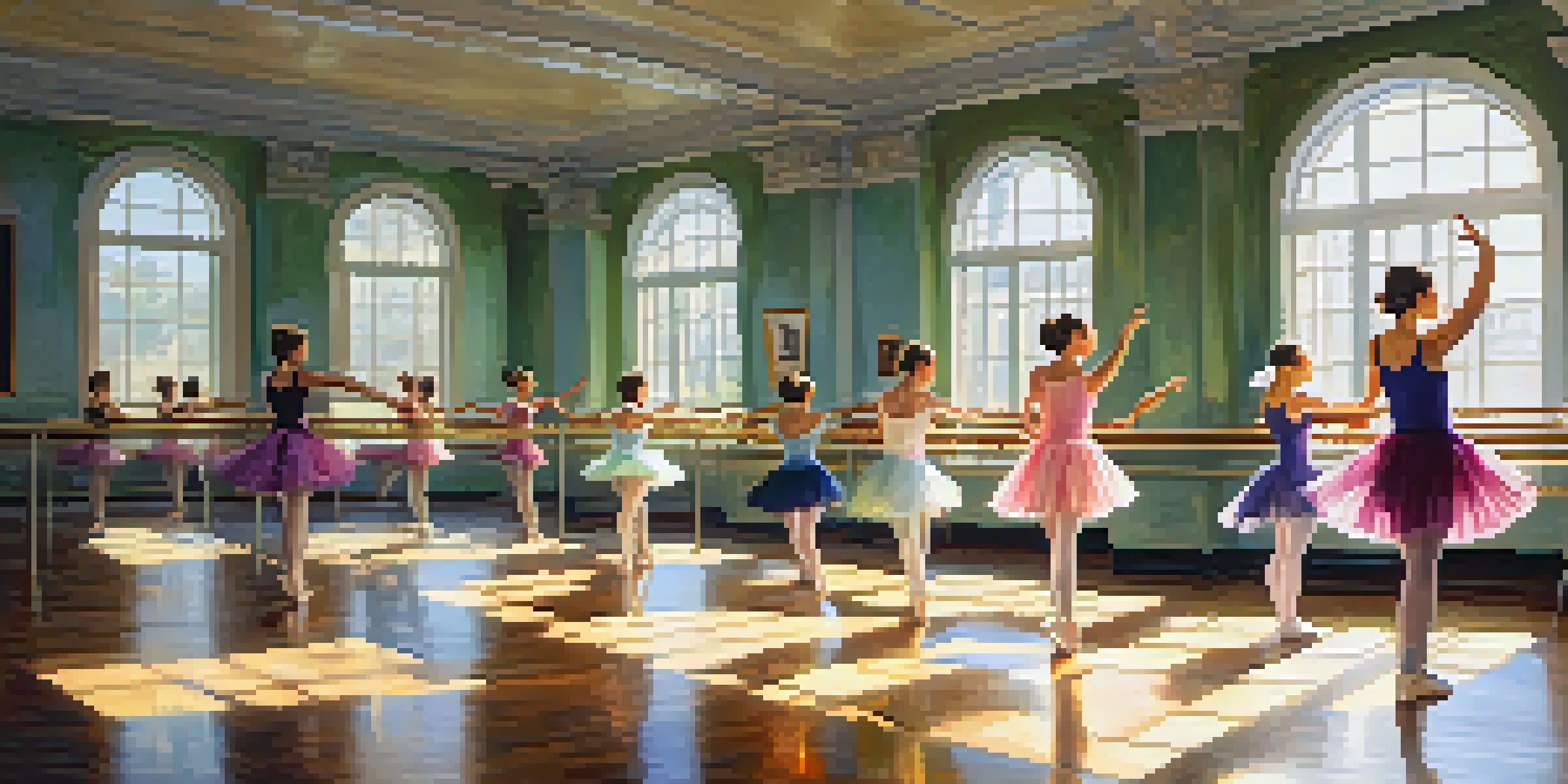 Seniors practicing ballet in a bright dance studio, showcasing their flexibility during a stretching routine.