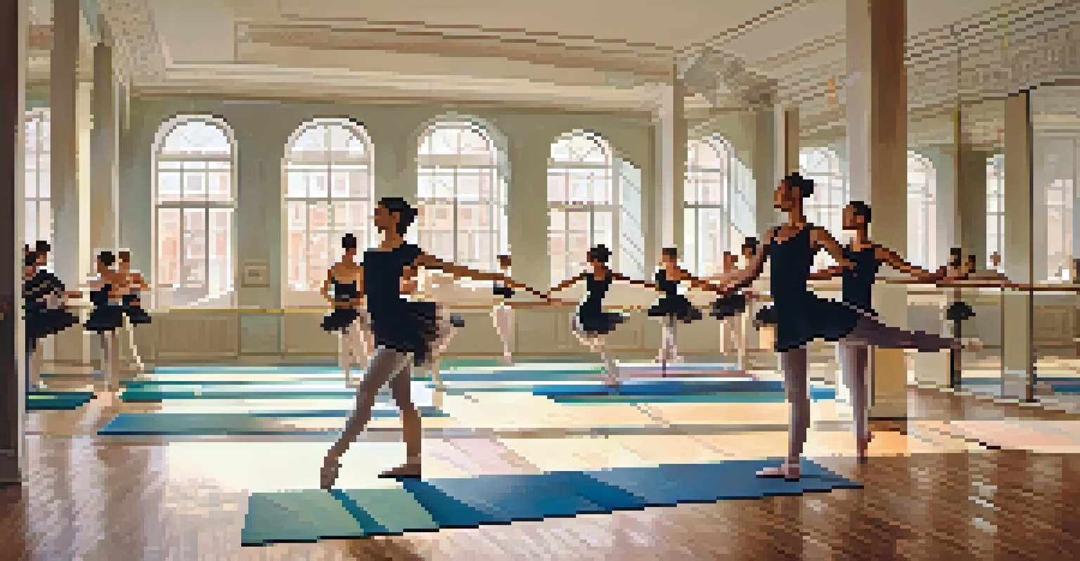 A ballet class practicing stretching exercises in a brightly lit studio, with colorful yoga mats and motivational quotes on the walls.