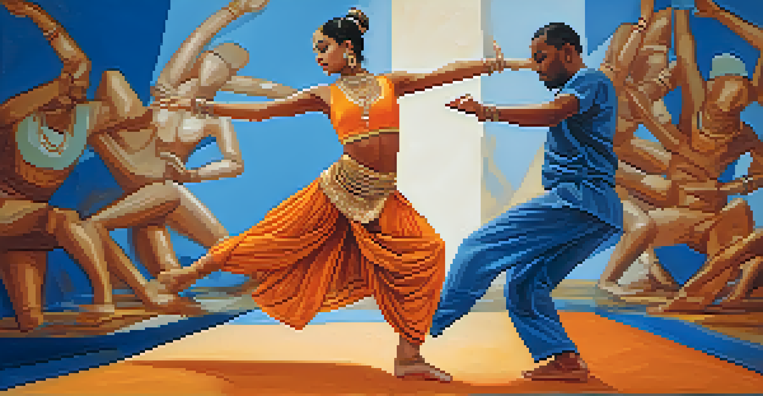 A dancer performing fusion dance, combining traditional Indian Bharatanatyam with hip-hop, surrounded by abstract shapes symbolizing rhythm.