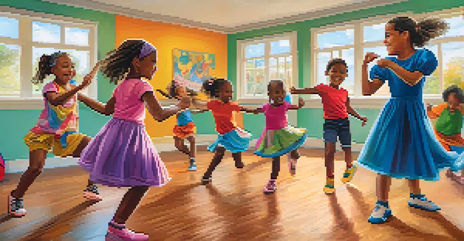 Children in a colorful classroom taking part in a dance therapy class, expressing themselves playfully and joyfully.