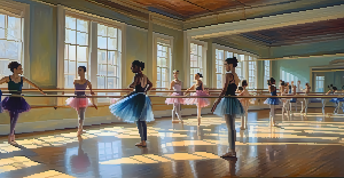 A diverse group of dancers practicing in a bright ballet studio with mirrors and wooden floors, showcasing a blend of ballet and hip-hop styles.
