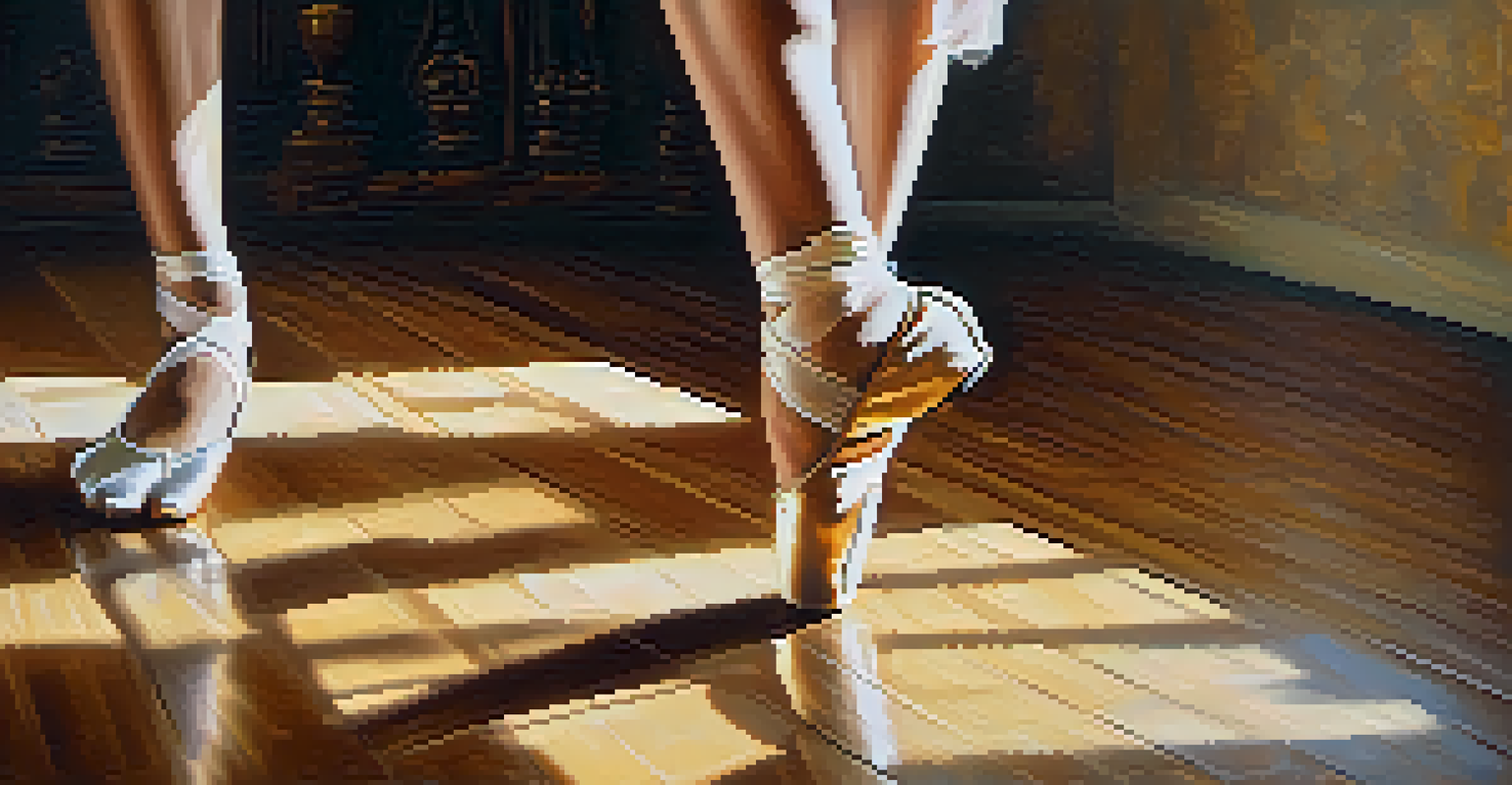 A close-up view of a dancer's feet showcasing dance shoes on a wooden floor, with a warm, golden light creating a serene atmosphere.
