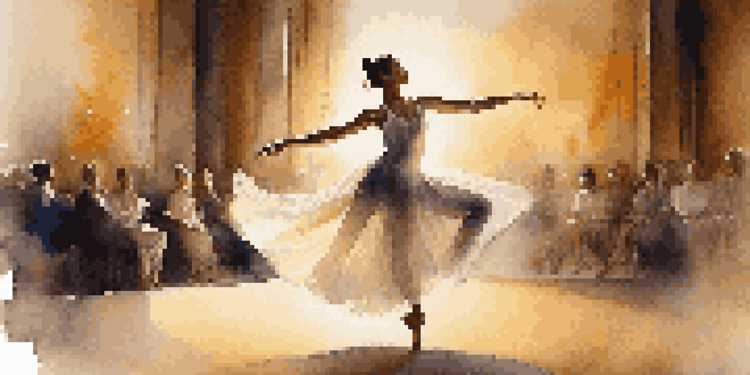 A lyrical dancer in mid-air, wearing a flowing costume, performing on a softly lit stage with a blurred audience in the background.