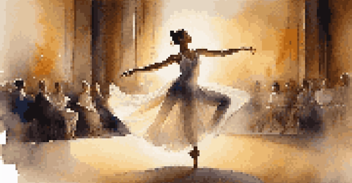 A lyrical dancer in mid-air, wearing a flowing costume, performing on a softly lit stage with a blurred audience in the background.