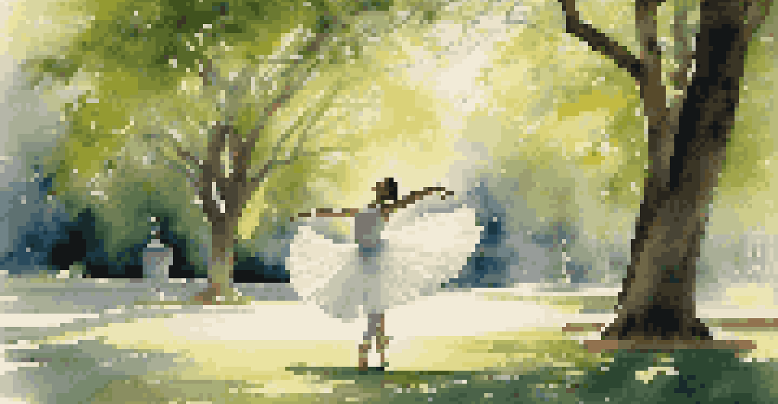 A ballet dancer performing in a tranquil park surrounded by greenery and flowers.