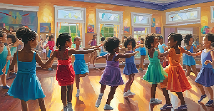A diverse group of people dancing in a bright studio, with mirrors and colorful decorations, showcasing joy and energy.