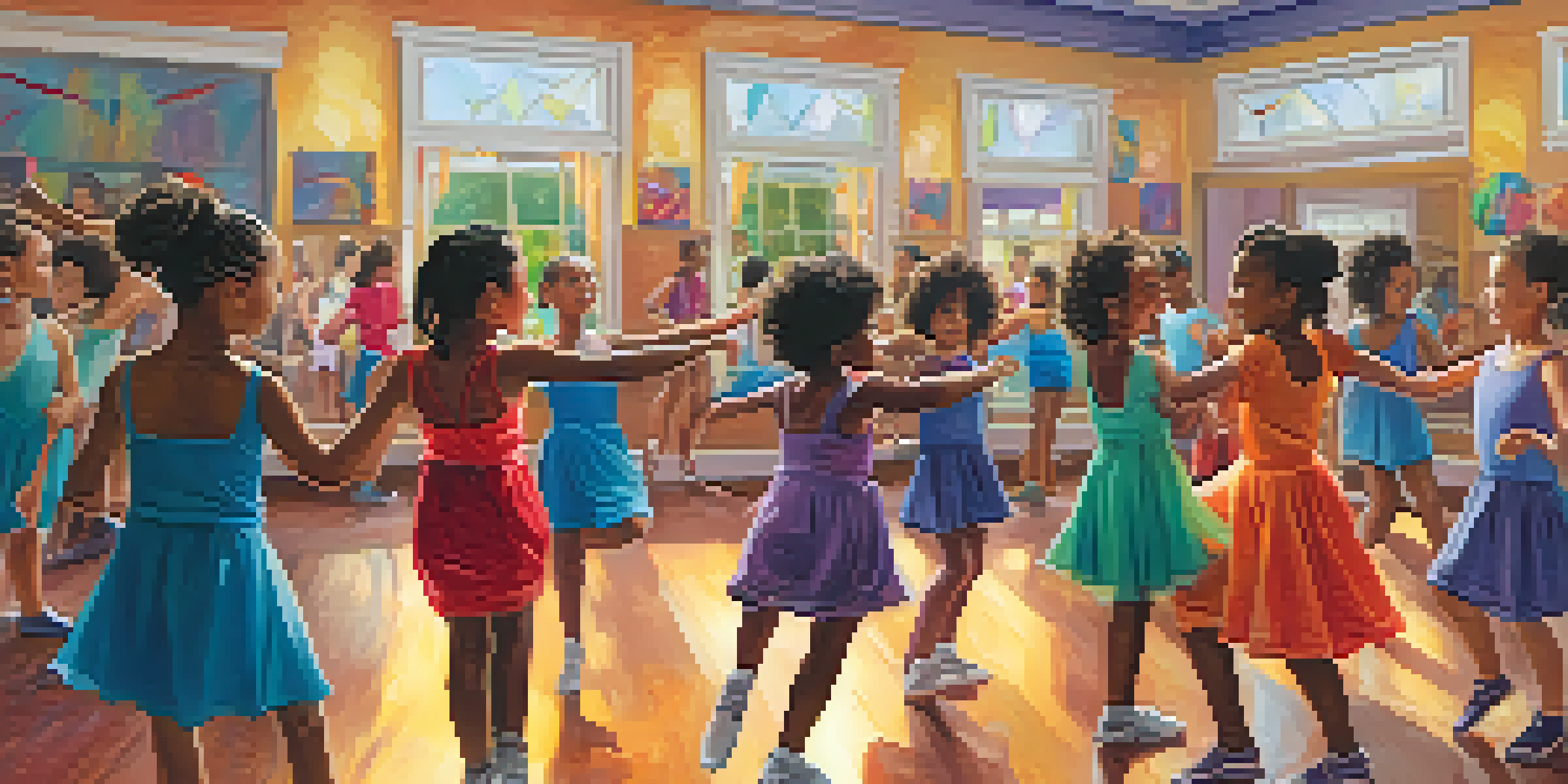 A diverse group of people dancing in a bright studio, with mirrors and colorful decorations, showcasing joy and energy.