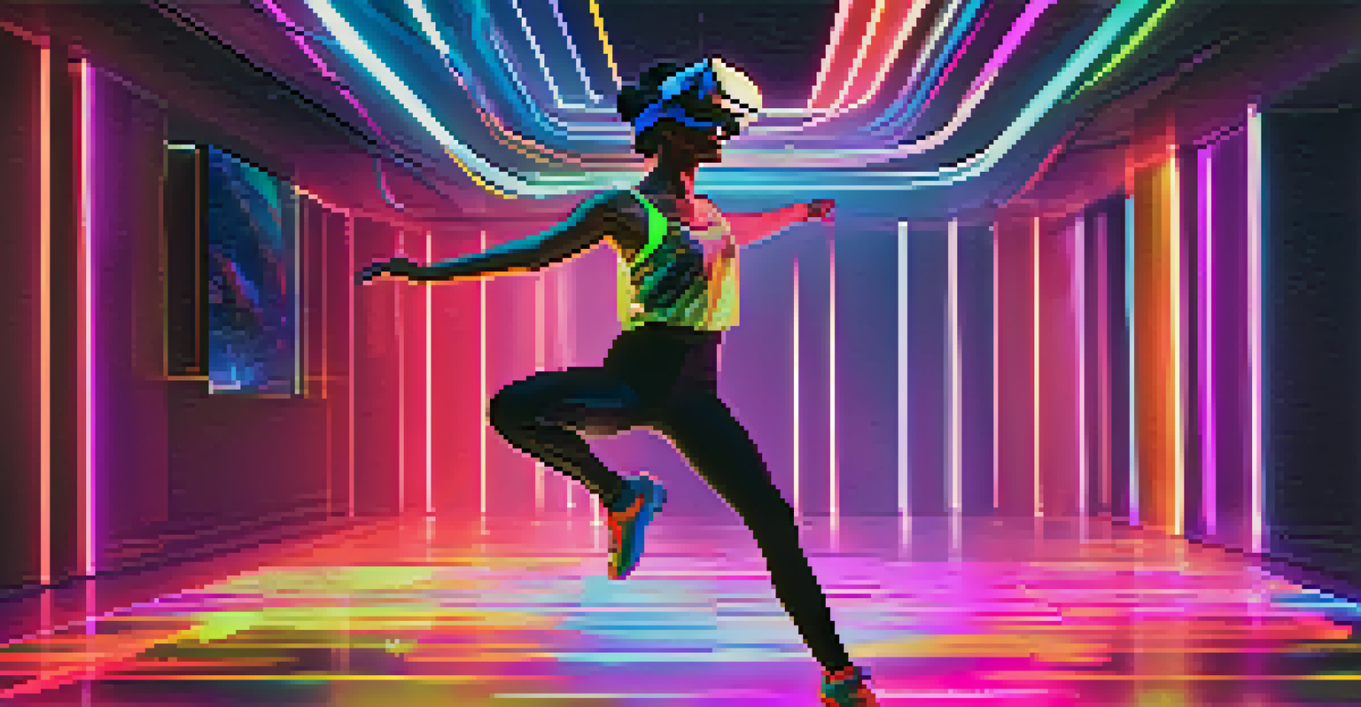 A dancer in a virtual reality setting, wearing a VR headset and neon attire, with an abstract digital landscape behind.