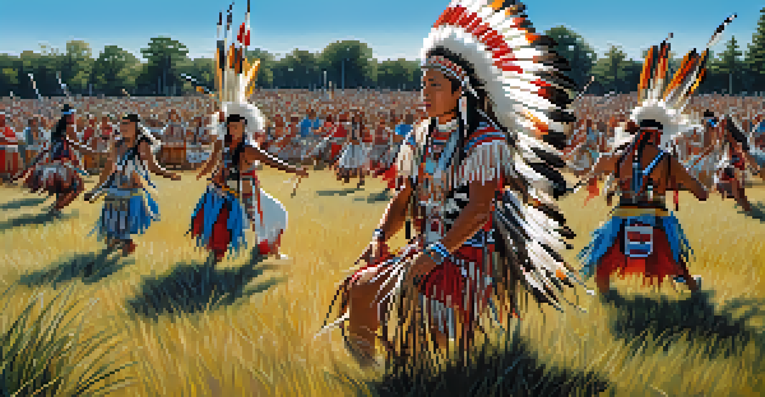 Indigenous dancers in traditional regalia performing a powwow dance in a natural setting with grass and trees, under a clear blue sky.