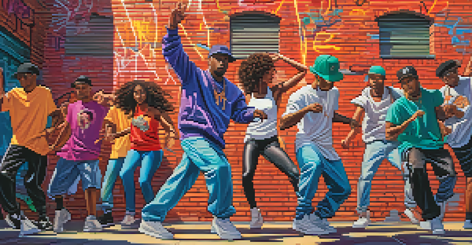 A group of hip-hop dancers performing energetic moves against a backdrop of colorful graffiti in an urban environment.