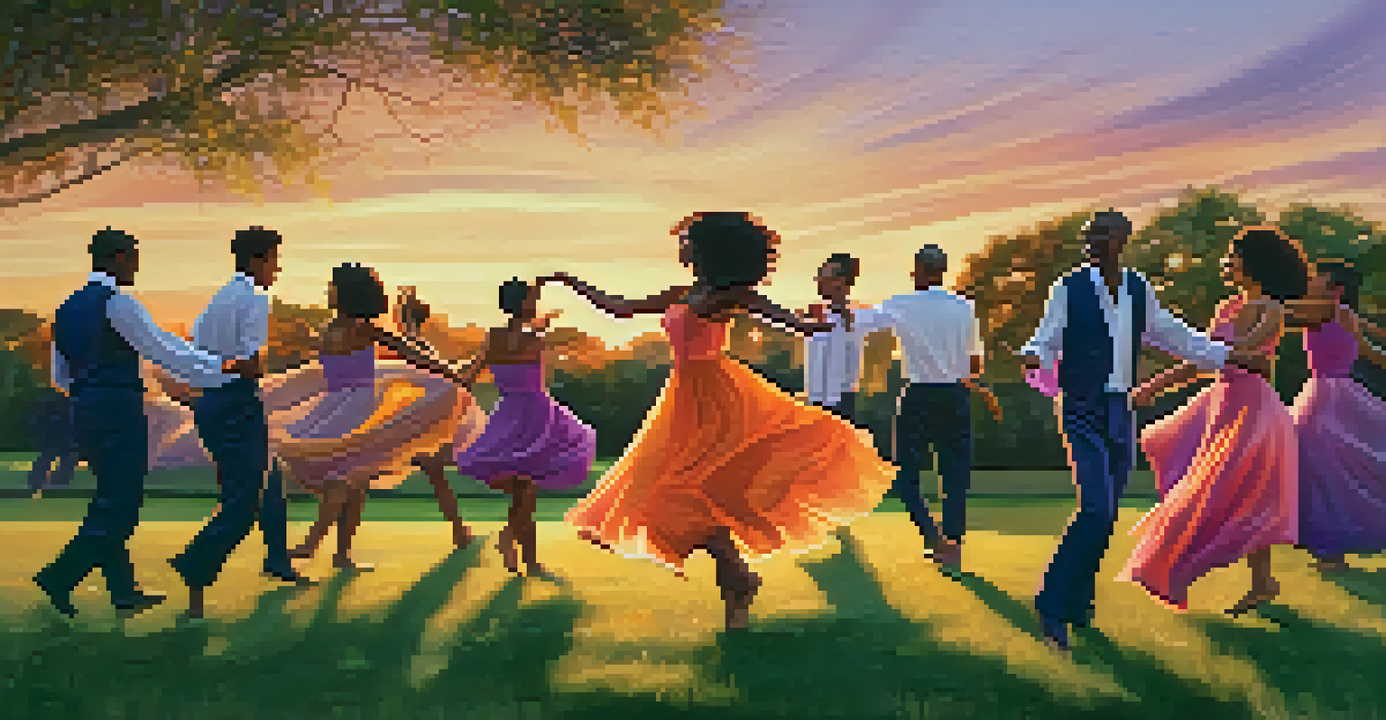 A group of people dancing in a park at sunset, with warm colors in the sky and a sense of joy and community.