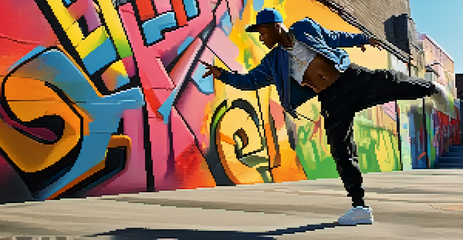A hip-hop dancer in action against a colorful graffiti wall, with sunlight casting shadows and vibrant colors enhancing the scene.