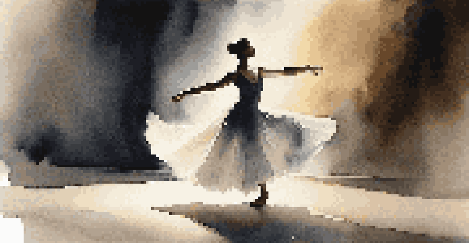 A solo dancer performing gracefully on a dimly lit stage, with soft lighting and shadows highlighting their movements.