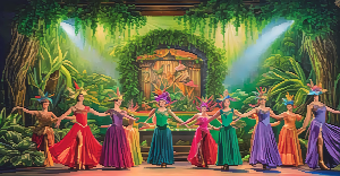 Dancers in colorful recycled costumes performing on an eco-friendly stage with plants and sustainable decor.