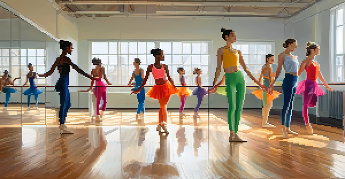 A lively dance studio with diverse dancers practicing contemporary dance, surrounded by mirrors and wooden floors.