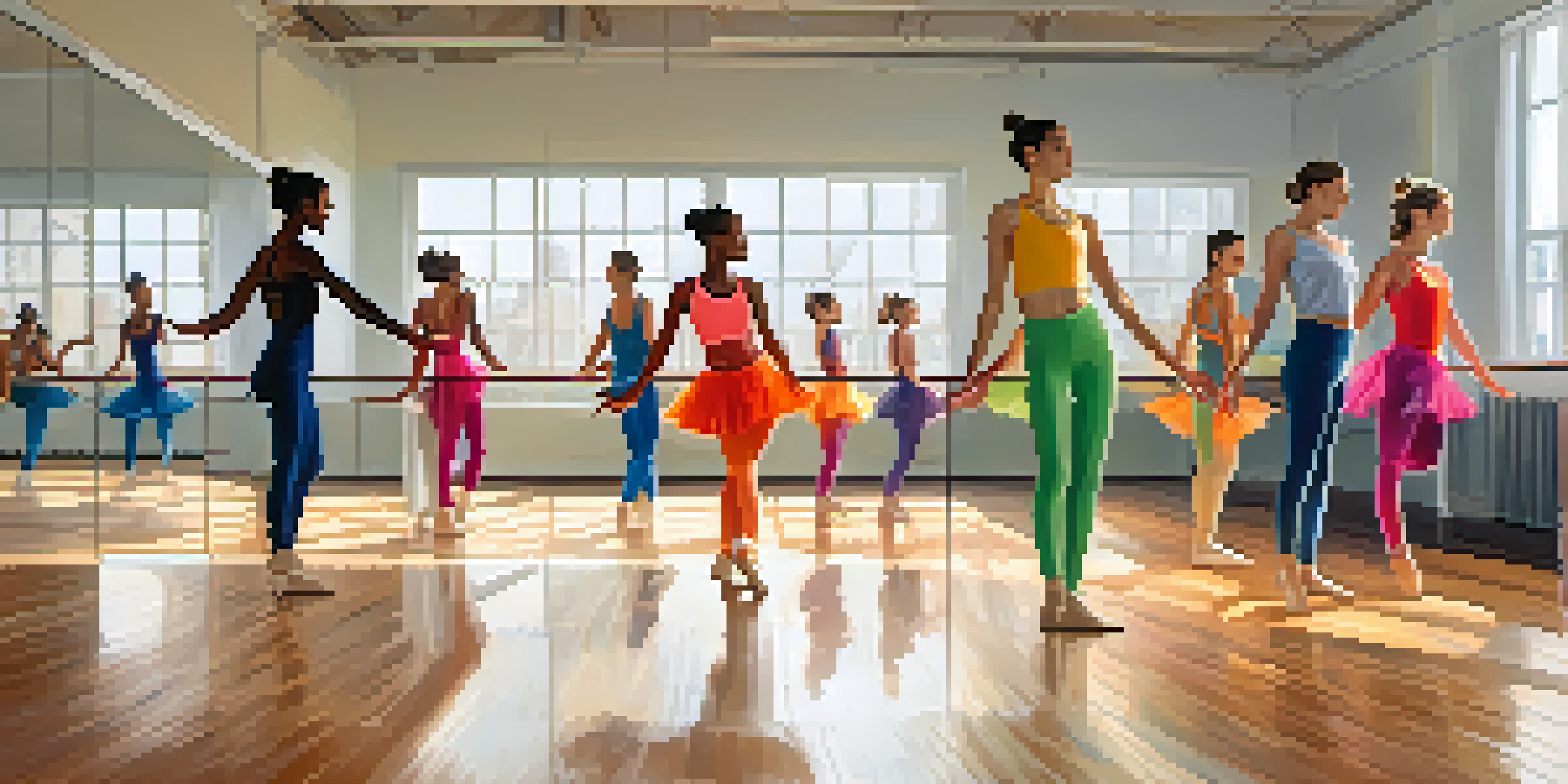 A lively dance studio with diverse dancers practicing contemporary dance, surrounded by mirrors and wooden floors.